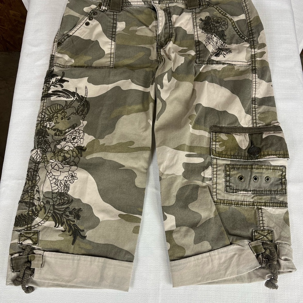 Fashion Bug Olive and Tan Camo Cargo Shorts with Dragon Floral Print
